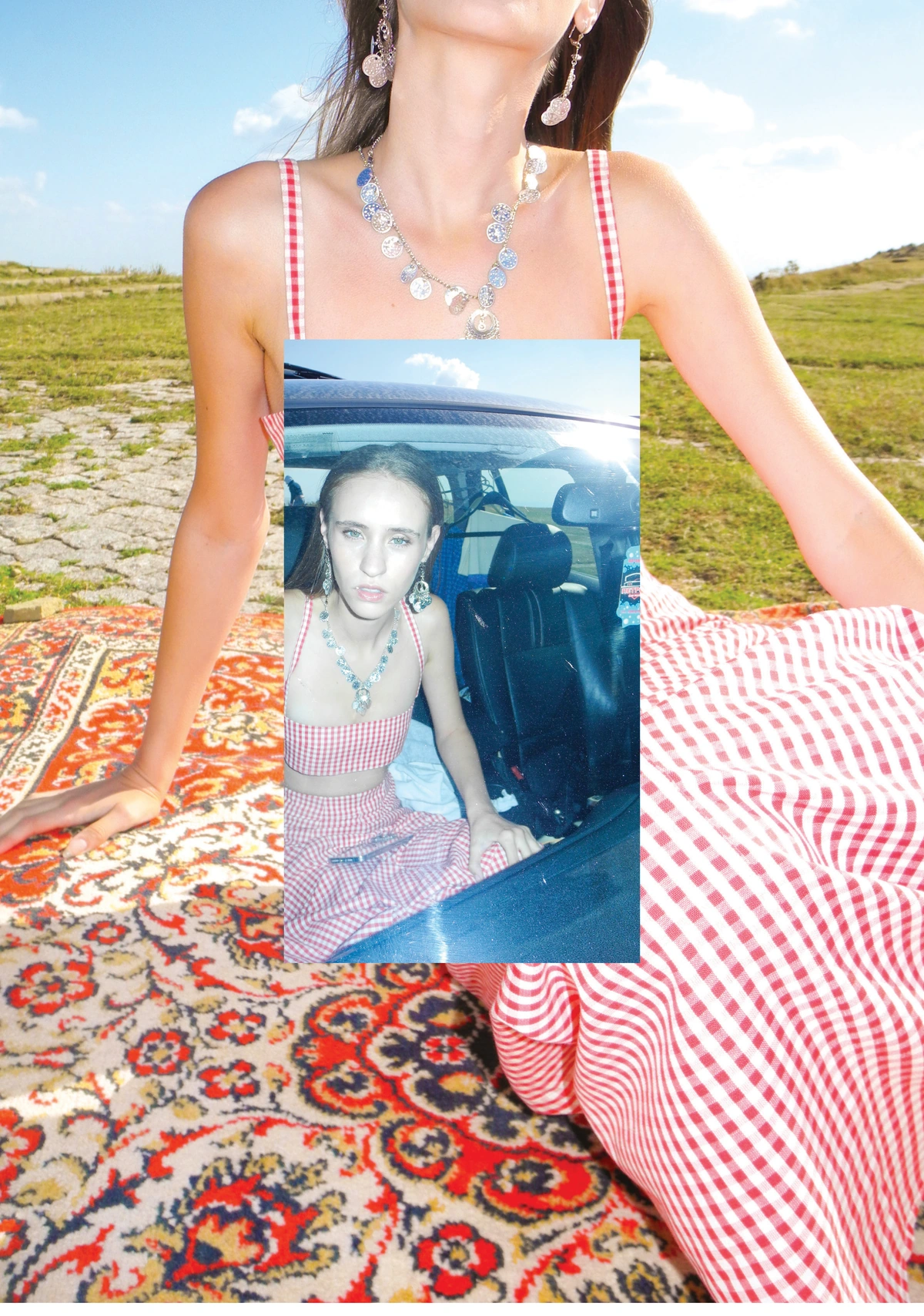 A photograph held within a fashion portrait, from Echo of Liberation